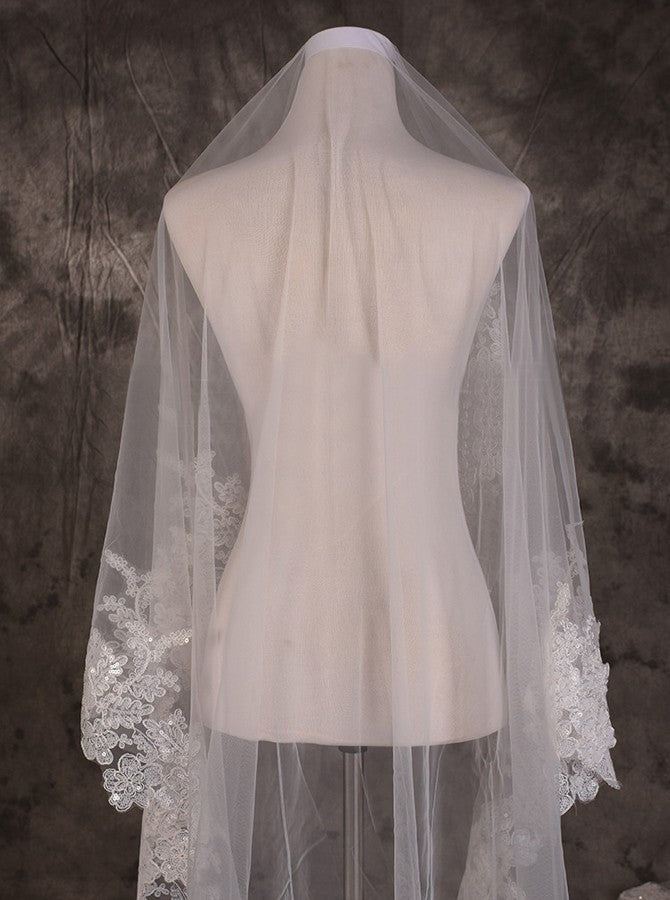 Long One Tier Lace Edge Cathedral Veil With Sequins Wedding Veils