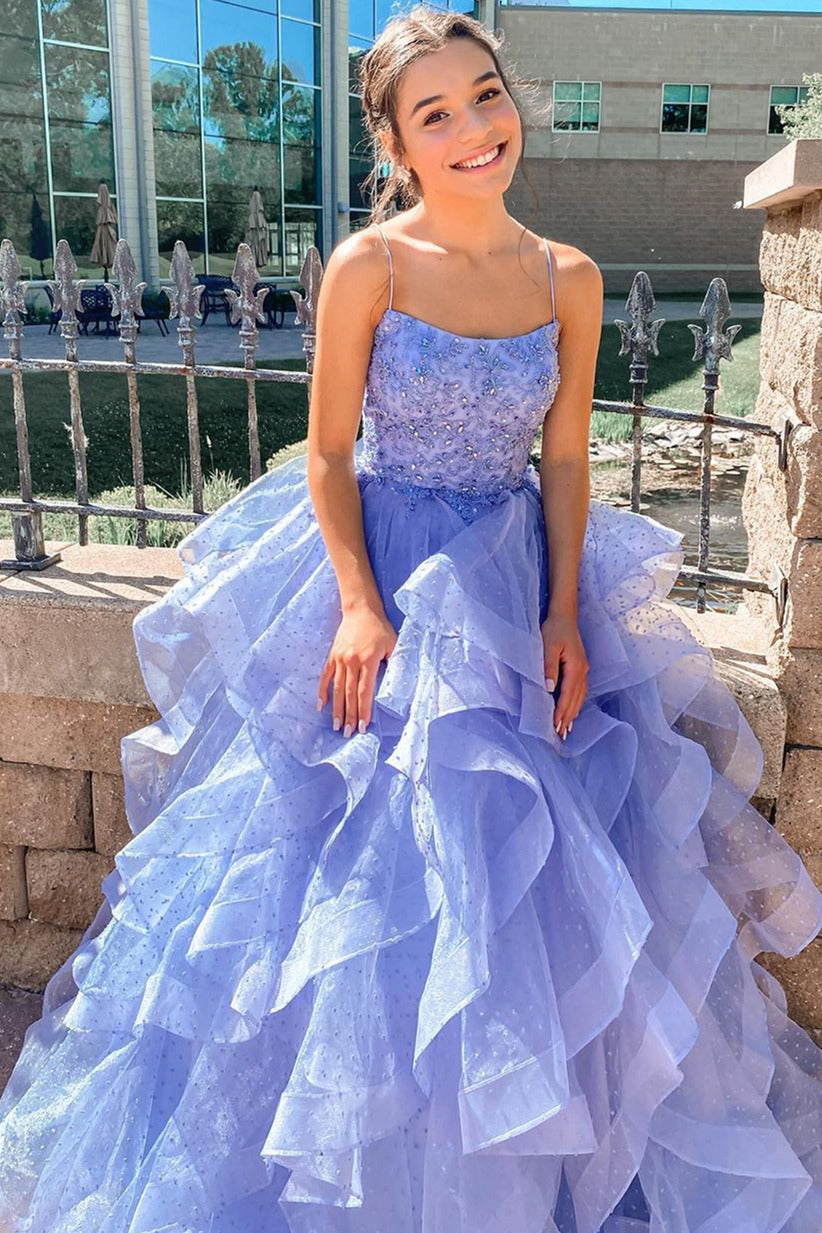 Evening Party Dresses A Line Lavender Long Prom Dresses with Cascading Ruffles Evening Party Dresses A Line Lavender Long Prom Dresses with Cascading Ruffles