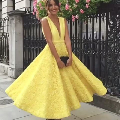 Deep V-neck Homecoming Dress, Cute Yellow Tea Length Lace Prom Dress