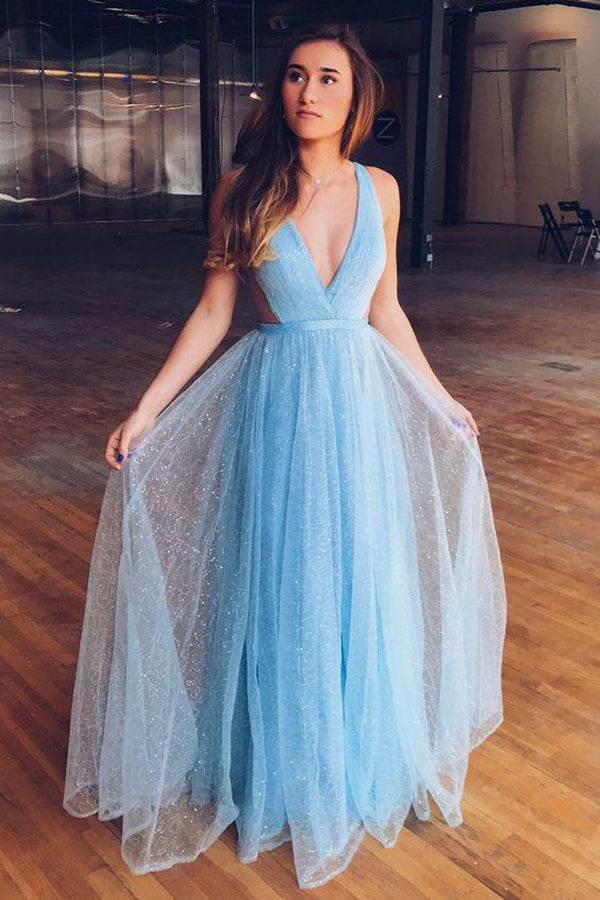 Stunning Deep V Neck Sleeveless A Line Floor Length Prom Dresses Stunning Deep V Neck Sleeveless A Line Floor Length Prom Dresses