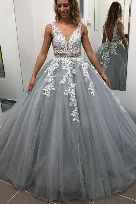 Lace Tulle A-Line V-Neck Appliques Formal Evening Dresses School Party Gown Long Prom Dresses