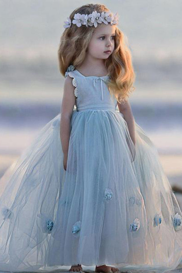 Blue Round Neck Ball Gown Tulle Sleeveless Flower Girl Dresses Blue Round Neck Ball Gown Tulle Sleeveless Flower Girl Dresses