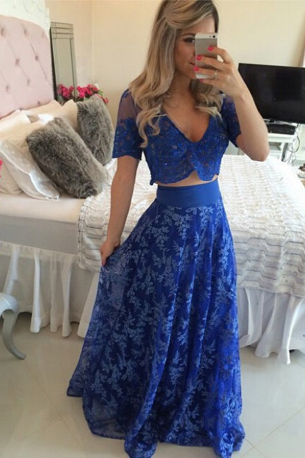 Royal Blue A-line V-neck Lace Appliques 2 piece Short Sleeves Evening Royal Blue A-line V-neck Lace Appliques 2 piece Short Sleeves Evening
