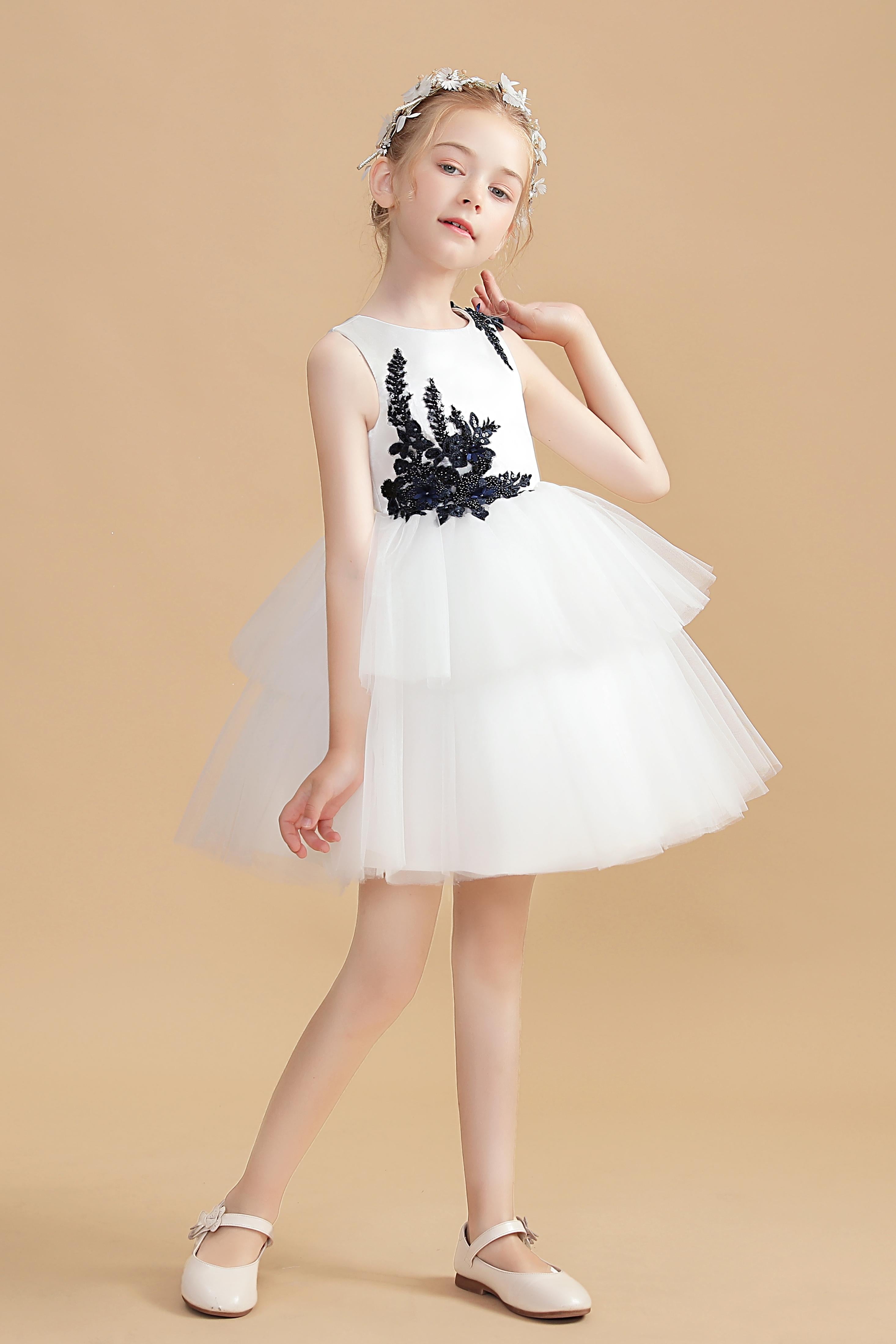 Short Ivory Flower Girl Dresses With Black Appliques Short Ivory Flower Girl Dresses With Black Appliques