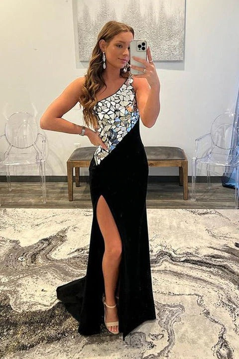 Black Rhinestone One Shoulder Split Floor-length Formal Prom Dresses Black Rhinestone One Shoulder Split Floor-length Formal Prom Dresses