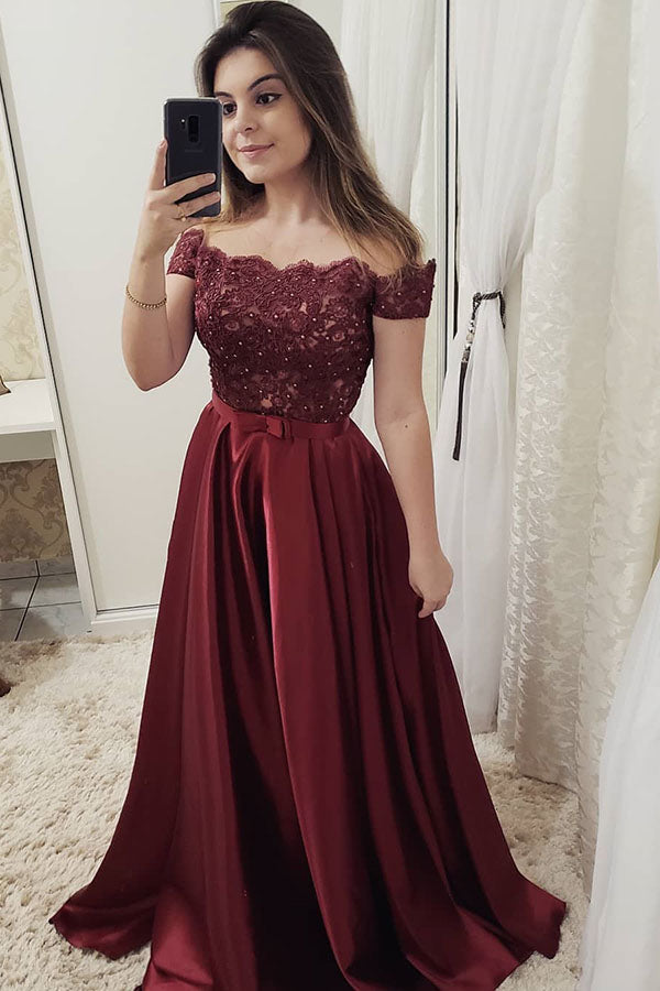 Chic Burgundy Off Shoulder Floor Length Satin Lace Prom Dresses Chic Burgundy Off Shoulder Floor Length Satin Lace Prom Dresses