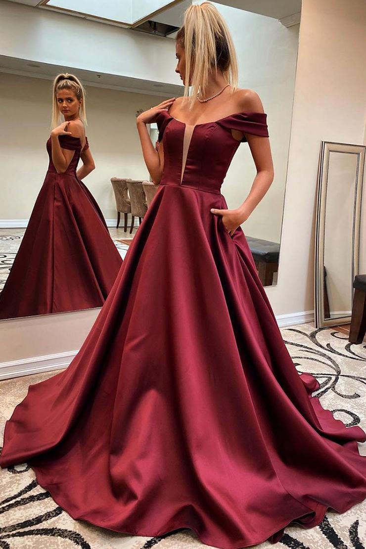 Simple Off Shoulder A Line Satin Long Prom Dresses Simple Off Shoulder A Line Satin Long Prom Dresses