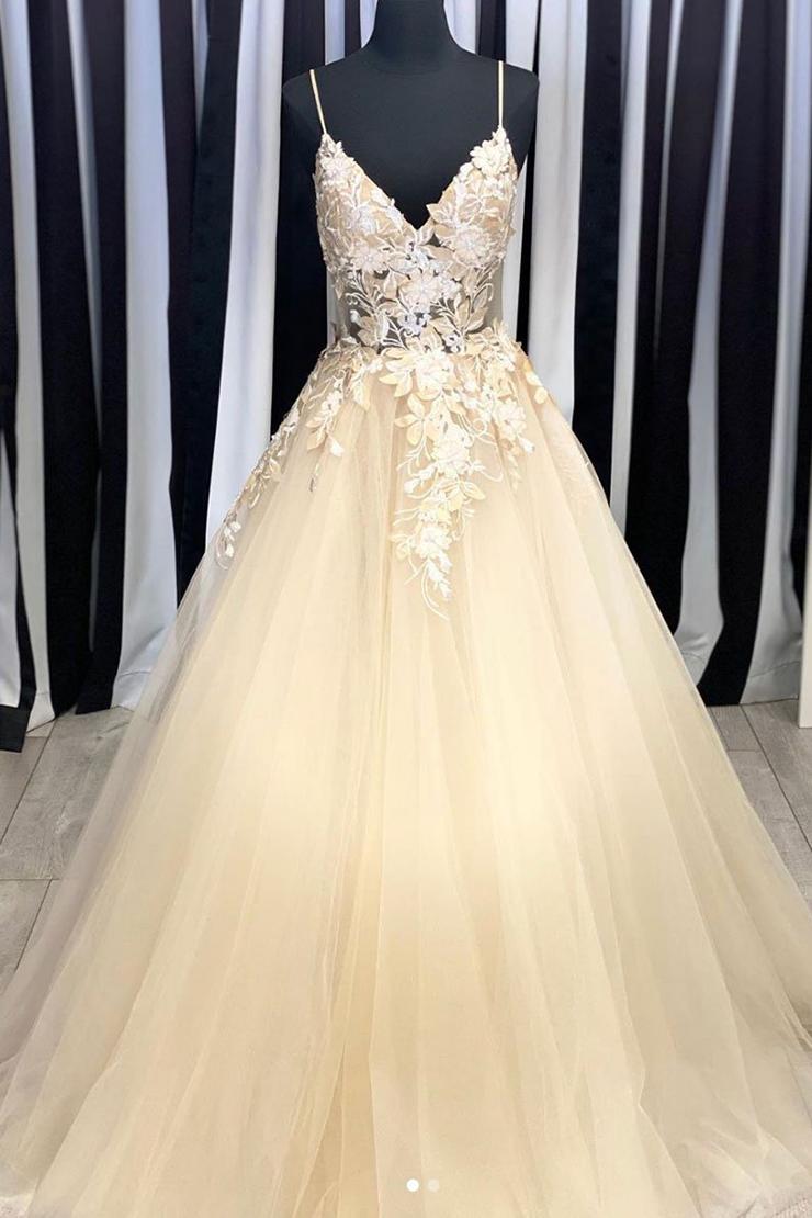 Champagne V Neck Tulle Lace Long Prom Dresses Evening Dresses Champagne V Neck Tulle Lace Long Prom Dresses Evening Dresses