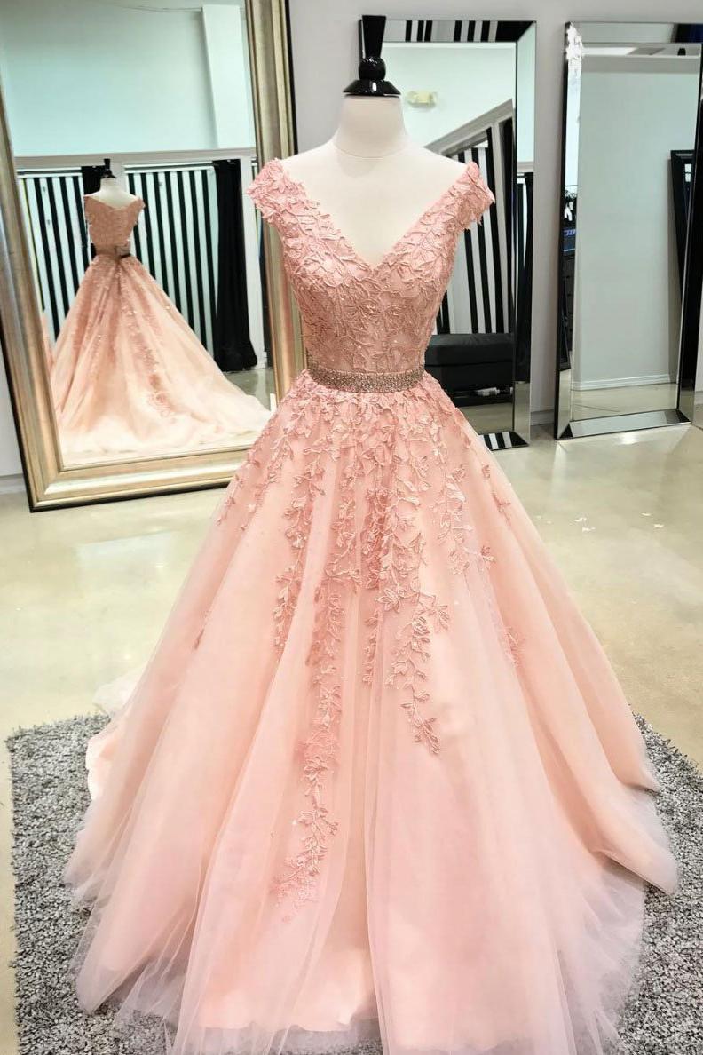 Pink Sleeveless V Neck Tulle Lace Applique Long Prom Dresses Pink Sleeveless V Neck Tulle Lace Applique Long Prom Dresses