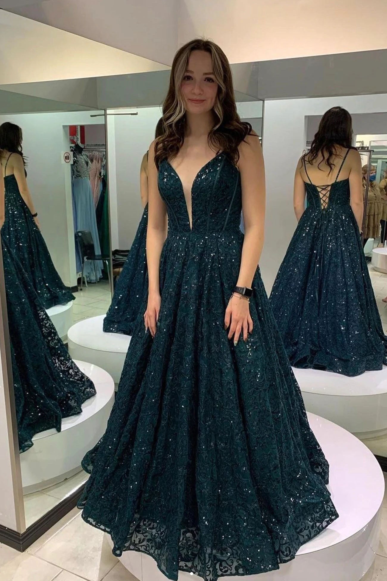 Deep V Neck A Line Shiny Lace Dark Green Sequins Evening Dresses Long Prom Dresses Deep V Neck A Line Shiny Lace Dark Green Sequins Evening Dresses Long Prom Dresses