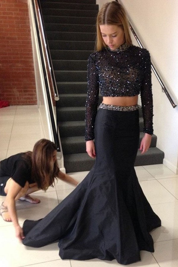 Black Two Piece Trumpet Sweep Train Long Sleeve Beading Prom Dresses Black Two Piece Trumpet Sweep Train Long Sleeve Beading Prom Dresses