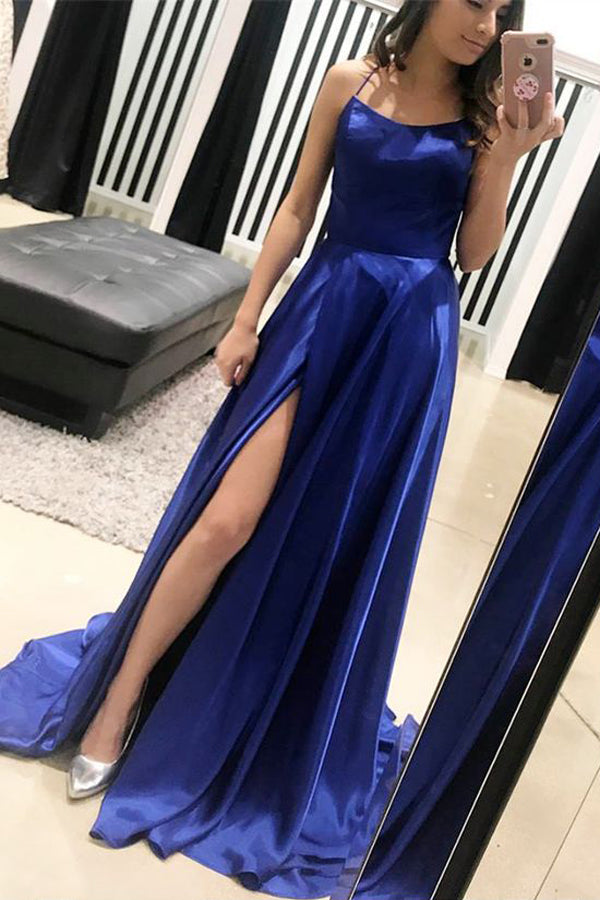 Royal Blue A Line Brush Train Sleeveless Backless Side Slit Prom Dresses Royal Blue A Line Brush Train Sleeveless Backless Side Slit Prom Dresses