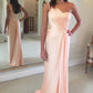 Pink A Line Brush Train One Shoulder Sleeveless Chiffon Bridesmaid Dress, Wedding Party Dress
