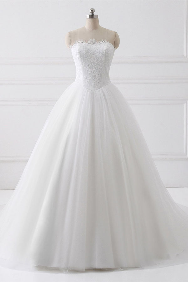 White A Line Court Train Strapless Sleeveless Lace Up Wedding Dress