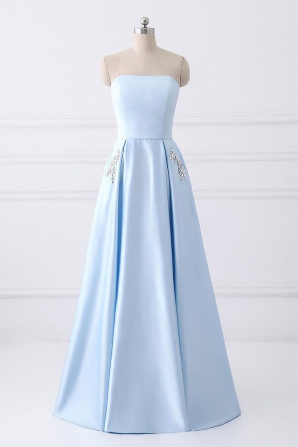 Light Blue A Line Floor Length Strapless Sleeveless Lace Up Prom Dresses Light Blue A Line Floor Length Strapless Sleeveless Lace Up Prom Dresses