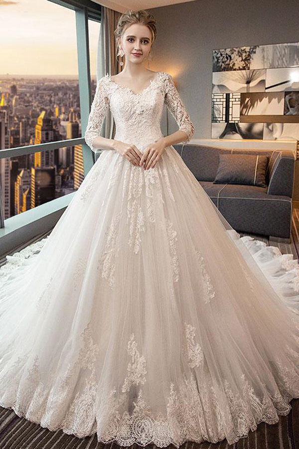 White A Line Chapel Train 3/4 Sleeve Appliques Perfect Wedding Dress White A Line Chapel Train 3/4 Sleeve Appliques Perfect Wedding Dress