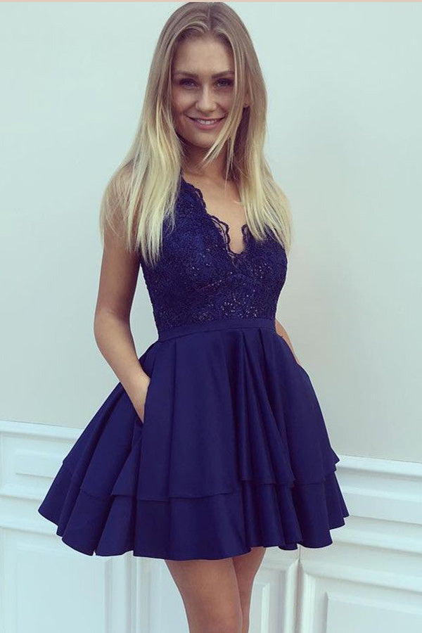 Deep V Neck Sleeveless Appliques Ruffles Short/Mini Homecoming Dress Deep V Neck Sleeveless Appliques Ruffles Short/Mini Homecoming Dress