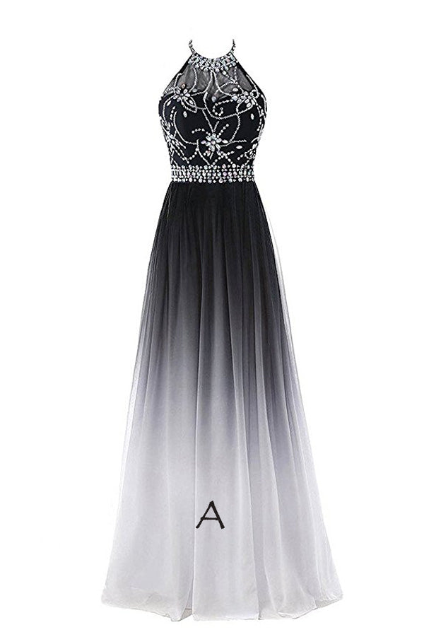Elegant Black and White Ombre Chiffon A Line Backless Halter Beading Lace Up Long Prom Dresses Elegant Black and White Ombre Chiffon A Line Backless Halter Beading Lace Up Long Prom Dresses