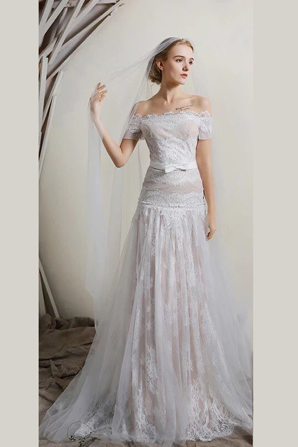 Ombreprom Wedding Dress White A Line Brush Train Off Shoulder Short Sleeves Lace Beach Bridal Gown Ombreprom Wedding Dress White A Line Brush Train Off Shoulder Short Sleeves Lace Beach Bridal Gown