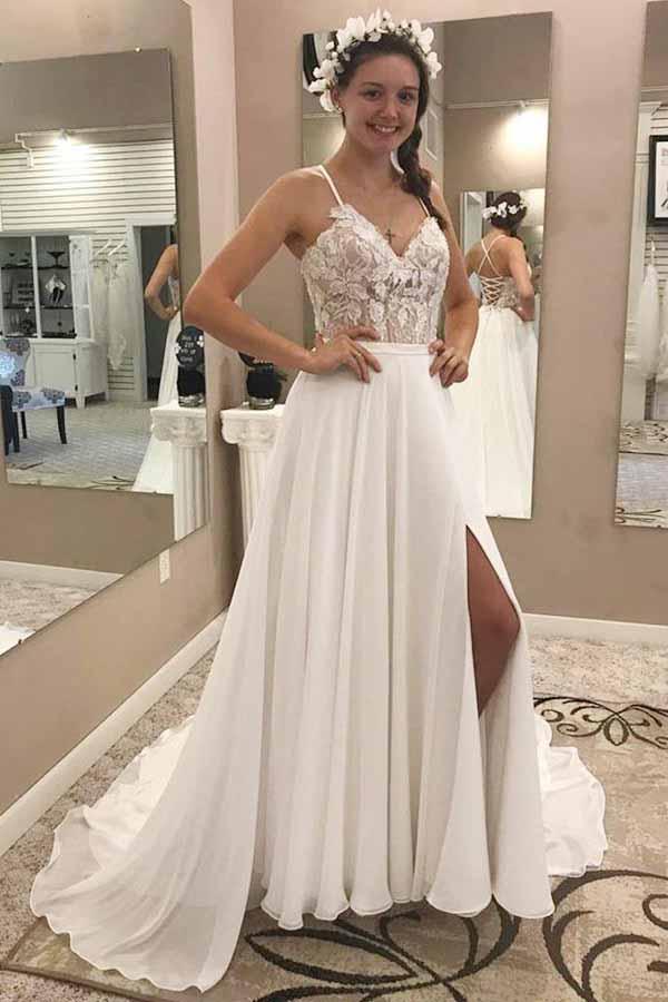 Ombreprom Wedding Dress Elegant Spaghetti Straps V Neck Chiffon Appliques Split Bridal Gown Ombreprom Wedding Dress Elegant Spaghetti Straps V Neck Chiffon Appliques Split Bridal Gown