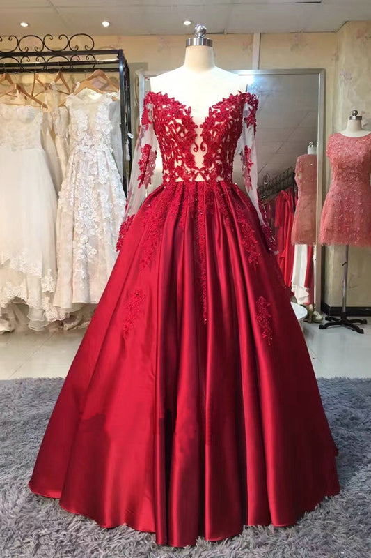 Red Ball Gown Floor Length Off Shoulder Long Sleeve Appliques Vintage Prom Dress,Formal Dress