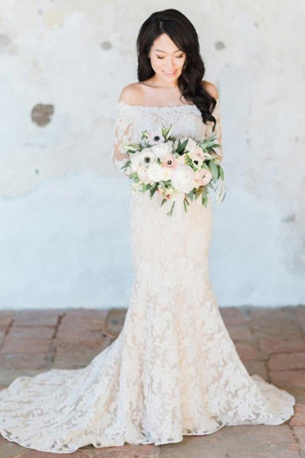 off the shoulder lace sheath wedding dress Davinci Bridal 50664 Off the Shoulder Beaded Lace Mermaid Weddings Dress Sheer Train 16 / Ivory/Ivory