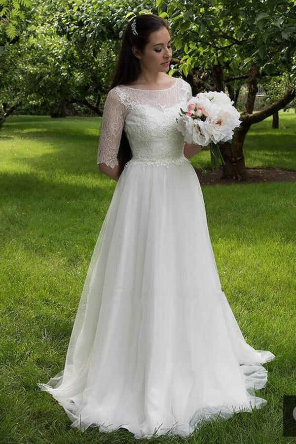 Ombreprom Wedding Dress A Line Brush Train Half Sleeve Lace Beach Bridal Gown Ombreprom Wedding Dress A Line Brush Train Half Sleeve Lace Beach Bridal Gown