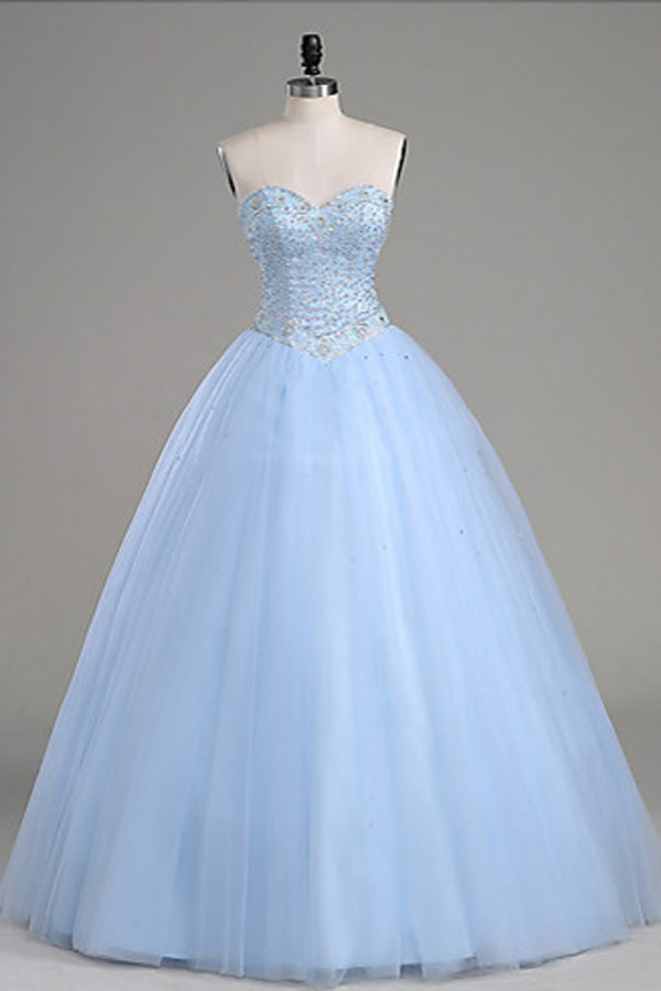 Light Blue Ball Gown Floor Length Sweetheart Strapless Sleevless Beading Prom Dress,Party Dress