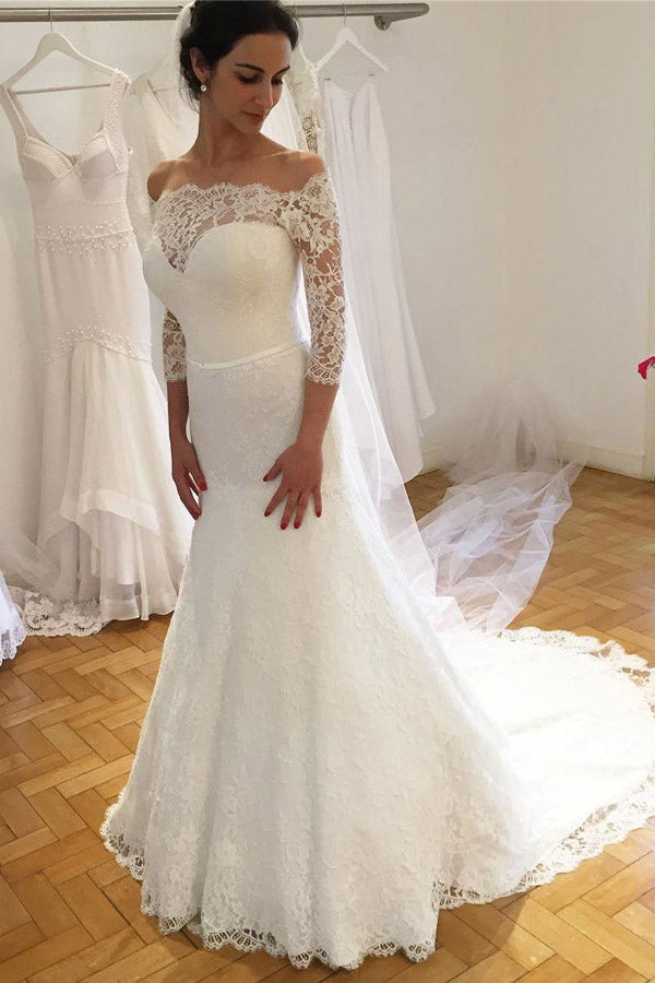 Elegant Formal Off The Shoulder Ivory Lace Wedding Dress With Sleeves Elegant Formal Off The Shoulder Ivory Lace Wedding Dress With Sleeves