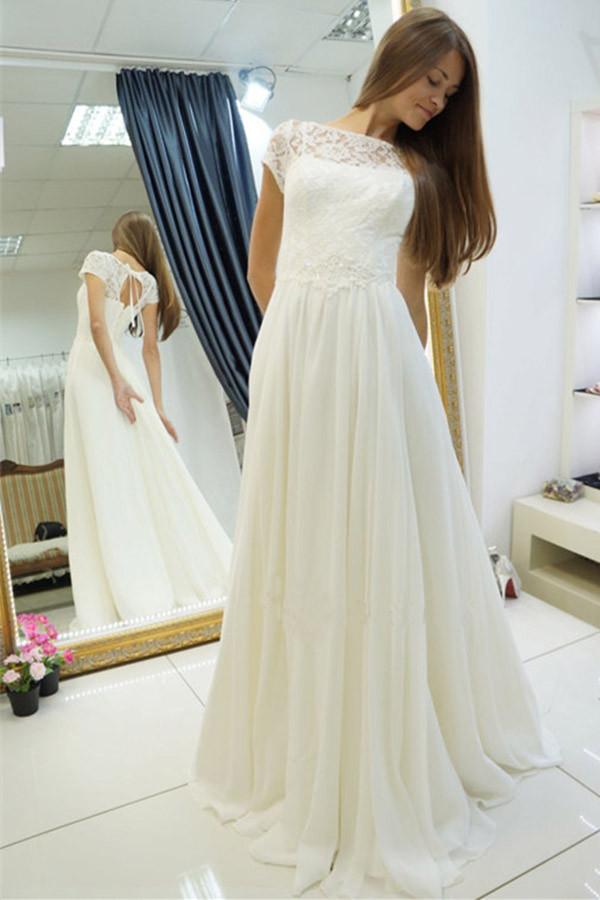 Ombreprom Wedding Dress A Line Sweep Train Sheer Neck Short Sleeve Beach Bridal Gown Ombreprom Wedding Dress A Line Sweep Train Sheer Neck Short Sleeve Beach Bridal Gown