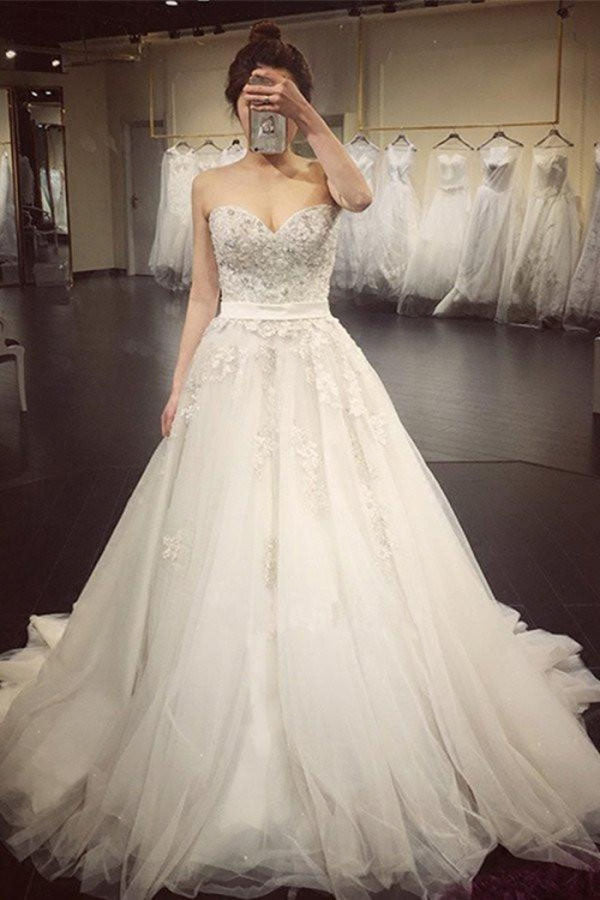 Ombreprom Wedding Dress White A Line Court Train Sweetheart Sleeveless Beading Bridal Gown Ombreprom Wedding Dress White A Line Court Train Sweetheart Sleeveless Beading Bridal Gown