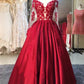 Red Ball Gown Floor Length Off Shoulder Long Sleeve Appliques Vintage Prom Dresses
