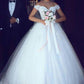 White Ball Gown Floor Length Off Shoulfer Layers Lace Wedding Dress,Beach Wedding Dress