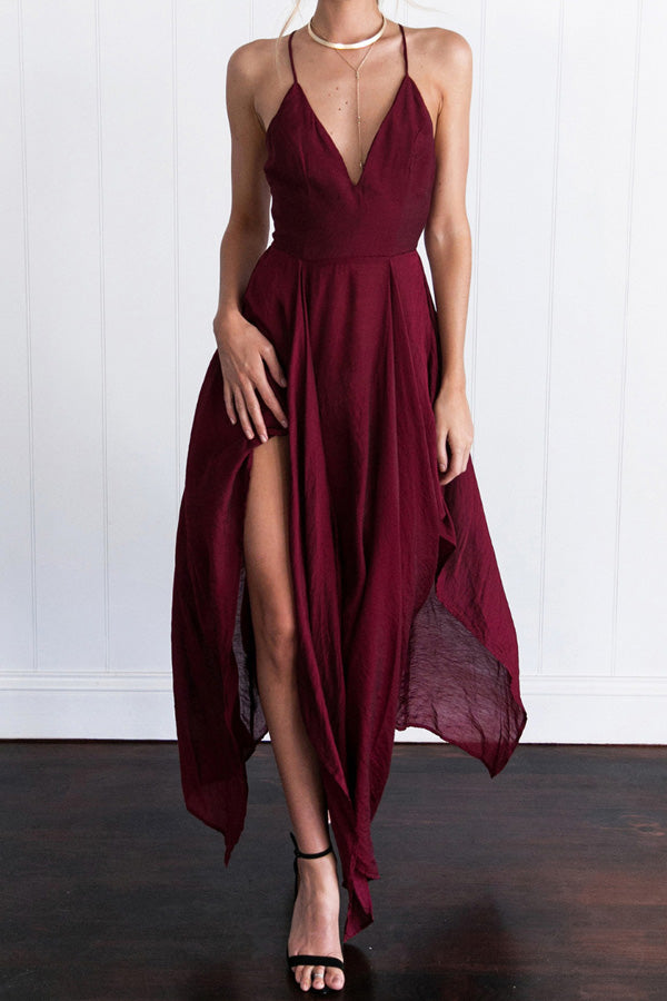 Asymmetrical A Line Deep V Neck Sleeveless Backless Side Slit Evening/Prom Dress Asymmetrical A Line Deep V Neck Sleeveless Backless Side Slit Evening/Prom Dress