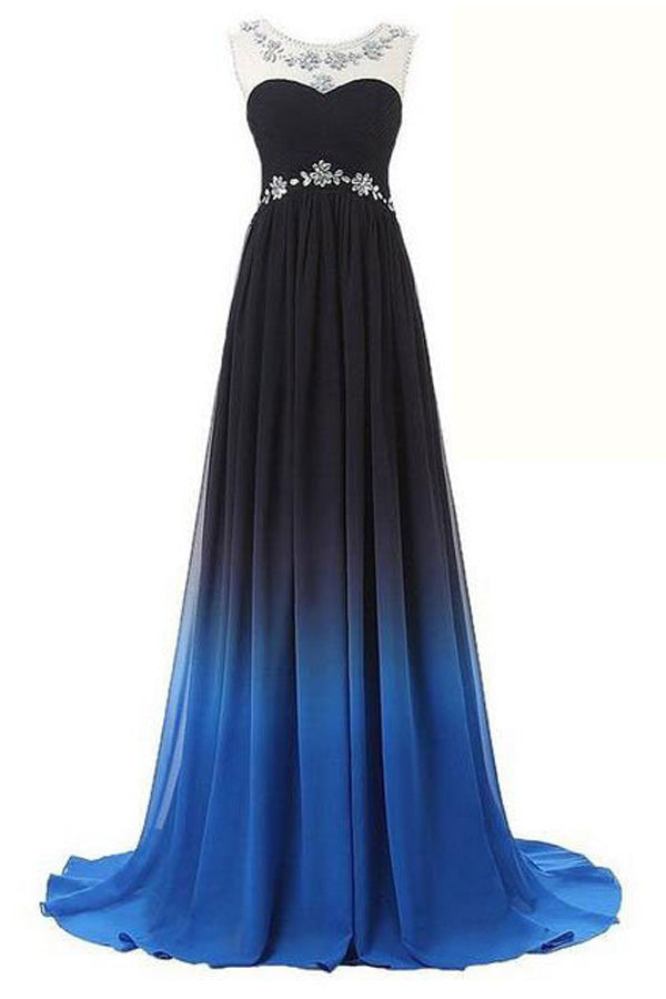 black and blue ombre prom dress Sheer-Sides Long Black Prom Dress with Ombre Beads PromGirl