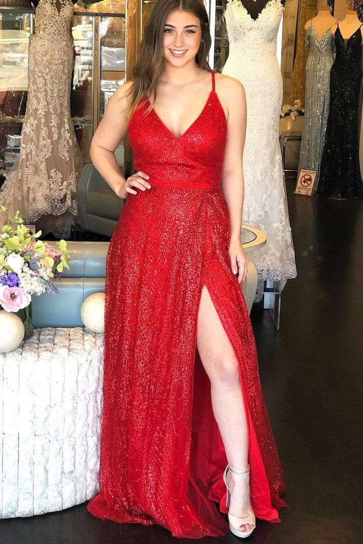 Sparkly Sleeveless Floor Length Red Prom Dresses with Split Sparkly Sleeveless Floor Length Red Prom Dresses with Split