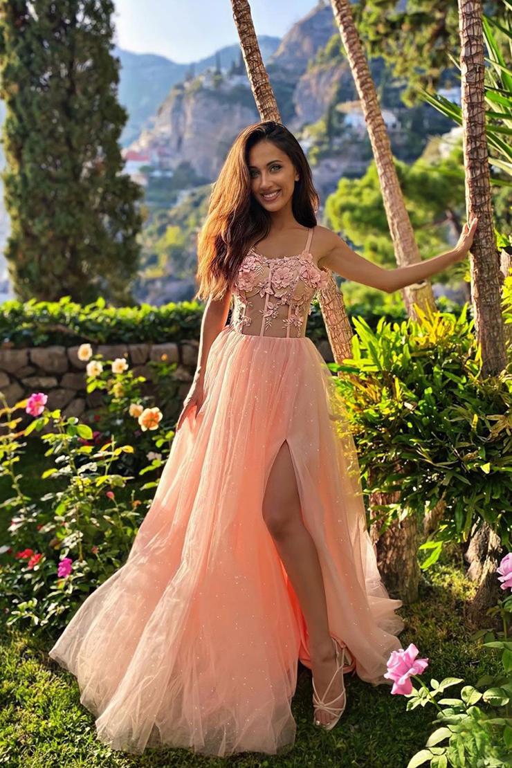 Pink Sleeveless A Line Tulle Lace Split Prom Dresses Pink Sleeveless A Line Tulle Lace Split Prom Dresses