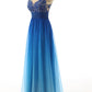 Ombre A Line Floor Length Sleeveless Sheer Back Appliques Beading Prom Dress,Party Dress