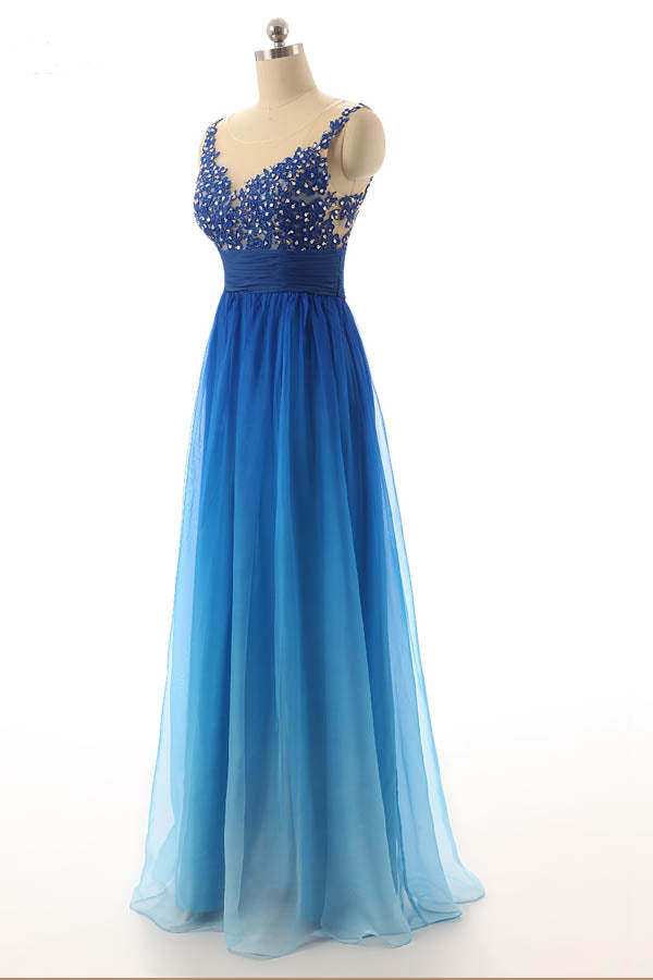 Ombre A Line Floor Length Sleeveless Sheer Back Appliques Beading Prom Dresses Ombre A Line Floor Length Sleeveless Sheer Back Appliques Beading Prom Dresses