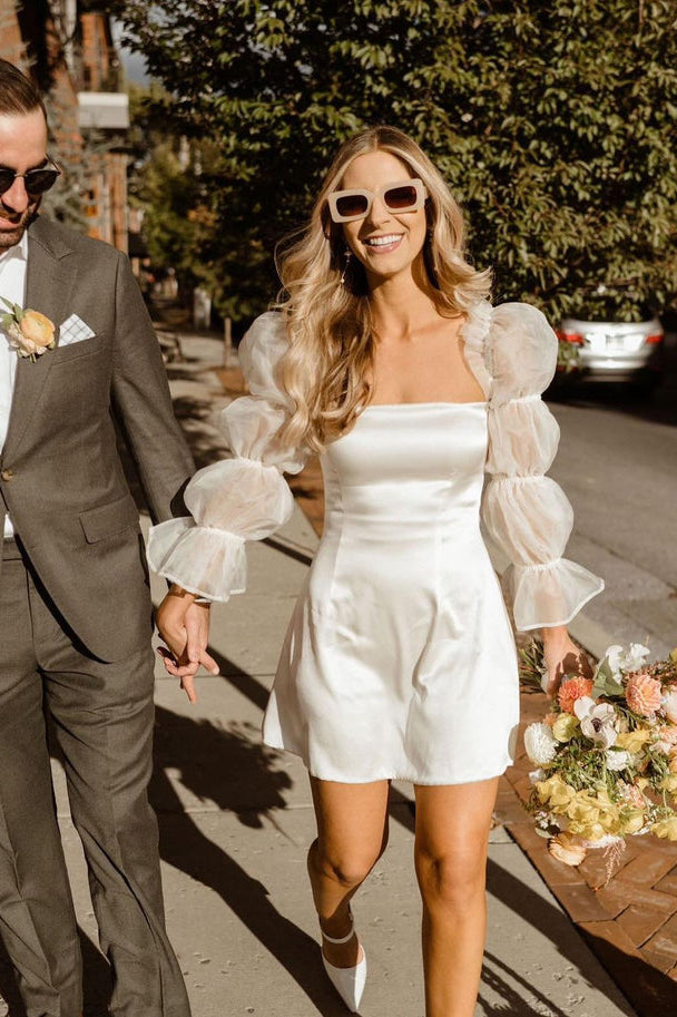Fairy Cute Sheath Short Satin Wedding Dresses with Long Sleeves Custom Color Fairy Cute Sheath Short Satin Wedding Dresses with Long Sleeves Custom Color