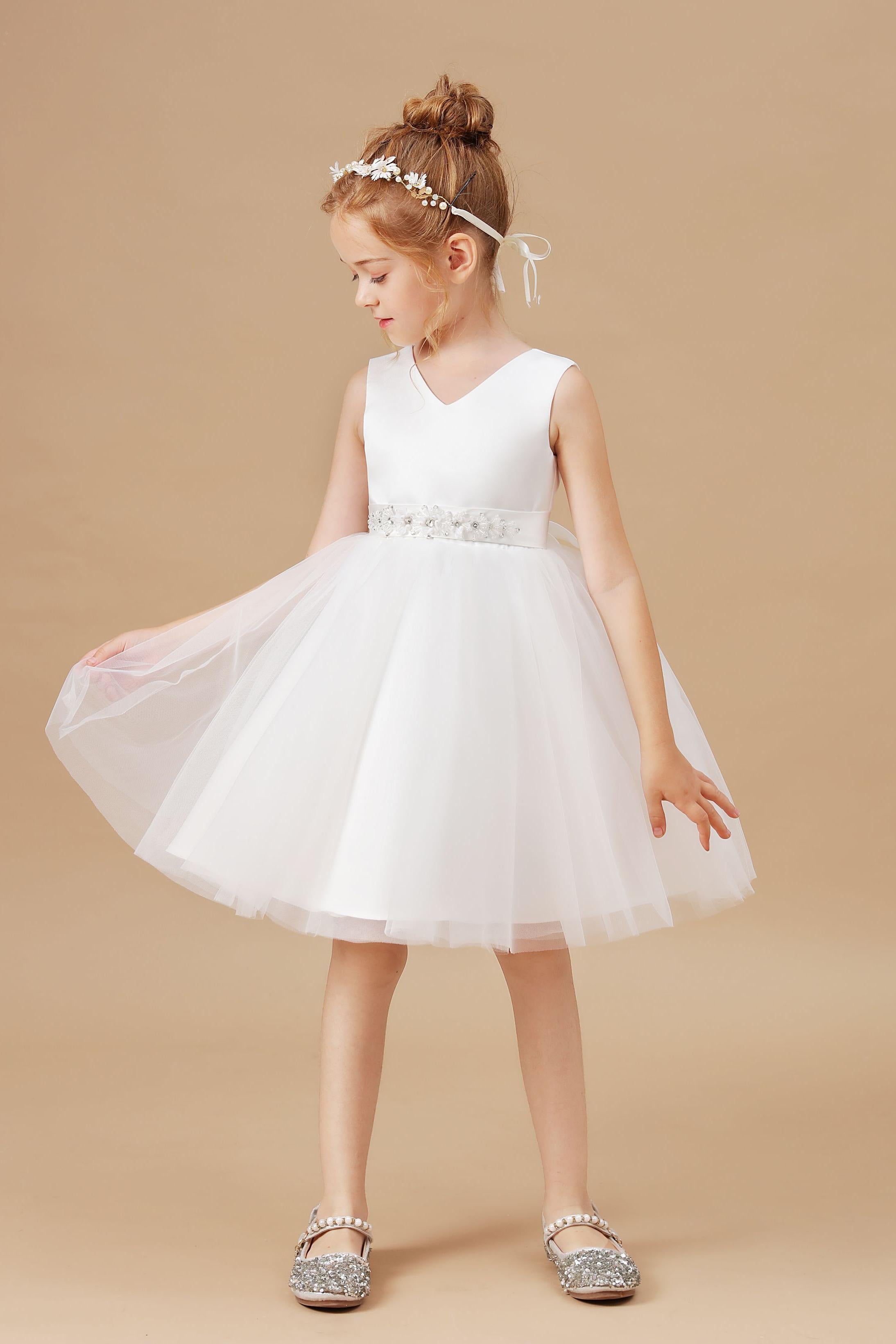 satin flower girl dress Sleeveless Pleated Skirt Detailed Embroidery A-Line/Princess Satin Flower Girl Dresses