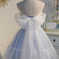 Spaghetti Straps Light Blue Lace Appliques Tulle Princess Homecoming Dress