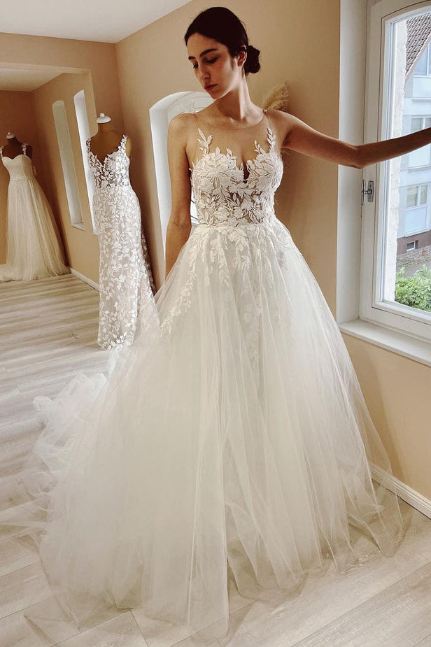 Elegant A Line V Neck Tulle Wedding Dresses with Appliques Custom Color Elegant A Line V Neck Tulle Wedding Dresses with Appliques Custom Color