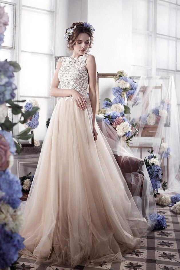 Charming Top Lace Sleeveless Tulle Long Wedding Dresses Charming Top Lace Sleeveless Tulle Long Wedding Dresses