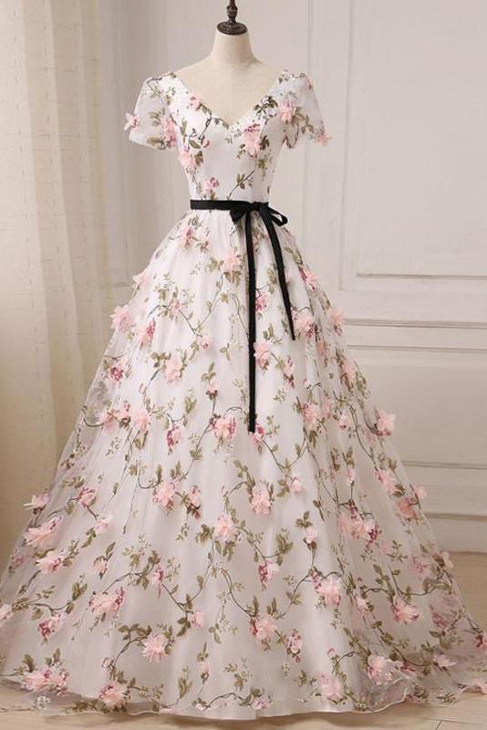Gorgeous V-neck 3D Floral Lace Ball Gown Long Prom Dresses Gorgeous V-neck 3D Floral Lace Ball Gown Long Prom Dresses