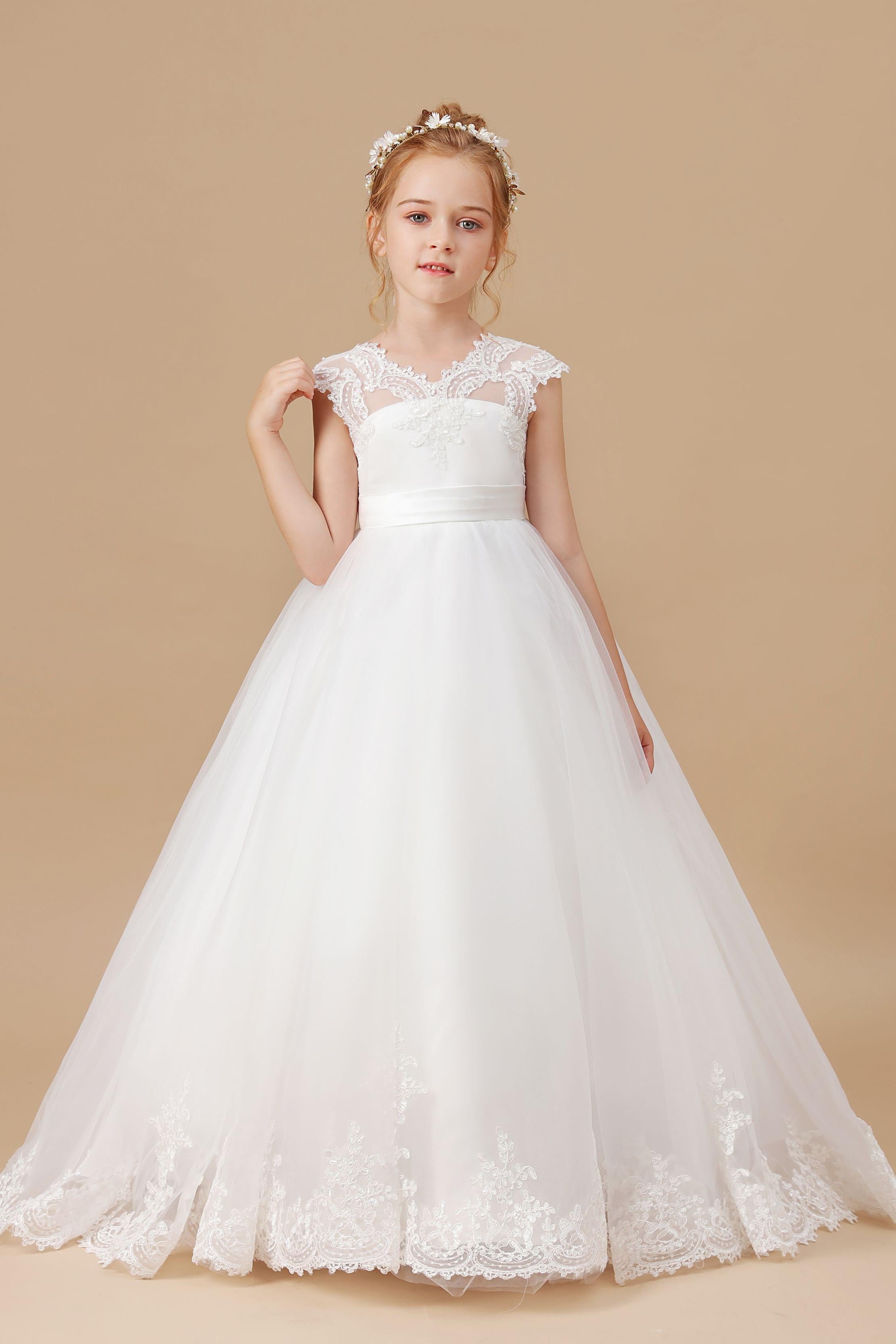 Ivory Floor-length V-neck Lace Tulle Satin Flower Girl Dresses Ivory Floor-length V-neck Lace Tulle Satin Flower Girl Dresses