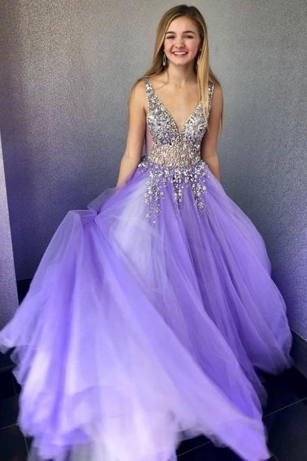 A Line Tulle V Neck Graduation Dresses Prom Dresses with Beading Long Formal Dresses A Line Tulle V Neck Graduation Dresses Prom Dresses with Beading Long Formal Dresses