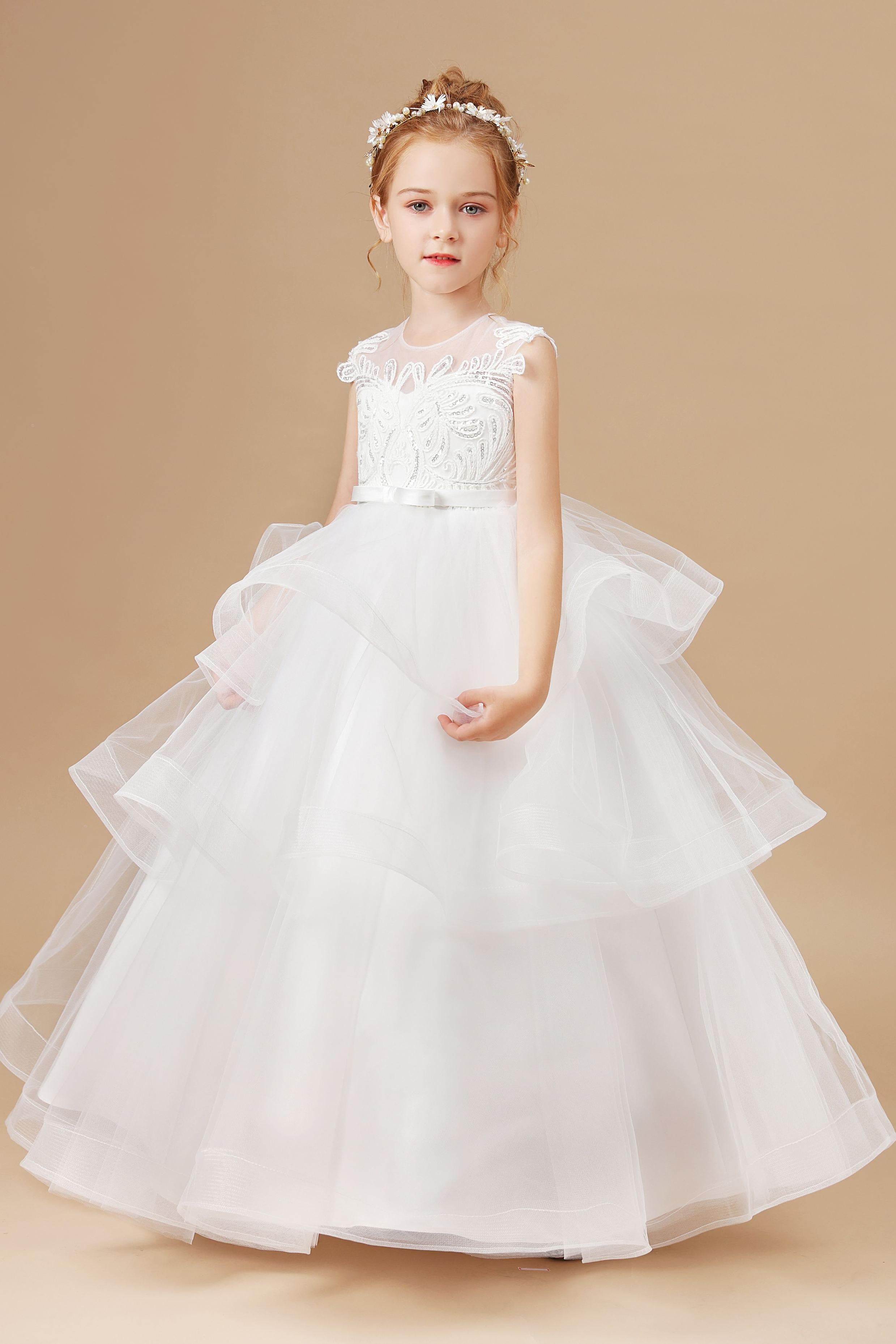 Ivory Multi-layered Tulle Ruffled Satin Flower Girl Dresses With Bow Ivory Multi-layered Tulle Ruffled Satin Flower Girl Dresses With Bow