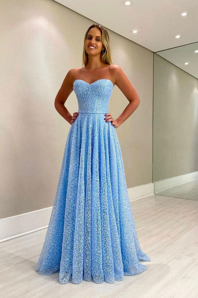 Sky Blue A-Line Lace Strapless Sweetheart Formal Evening Dresses Long Sky Blue A-Line Lace Strapless Sweetheart Formal Evening Dresses Long