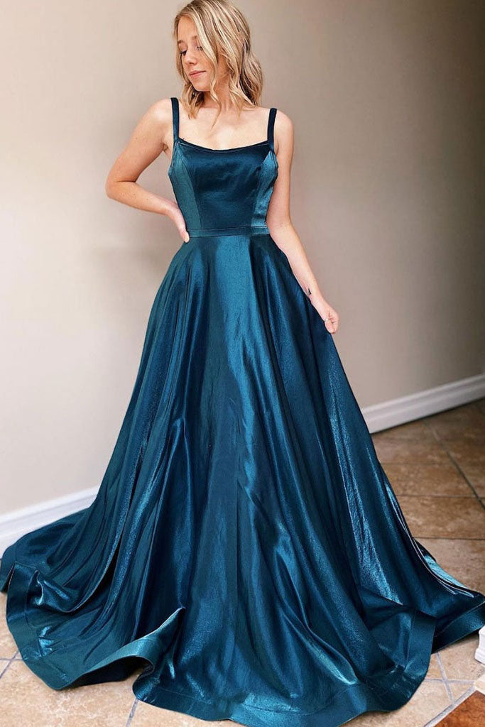 Ink Blue A-Line Formal Evening Dresses Spaghetti Straps Long Prom Dres